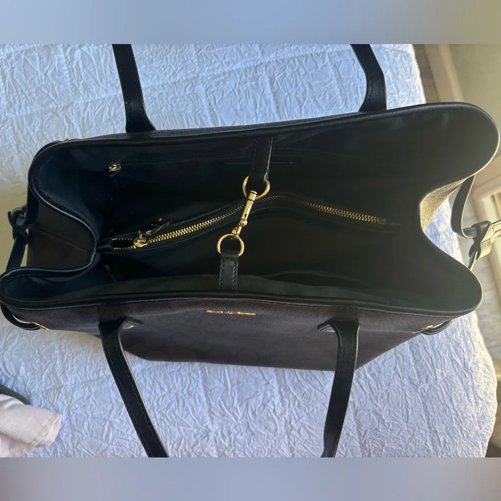 Coach Dark Brown Signature Canvas Tote with Black Trim - Gold clasp